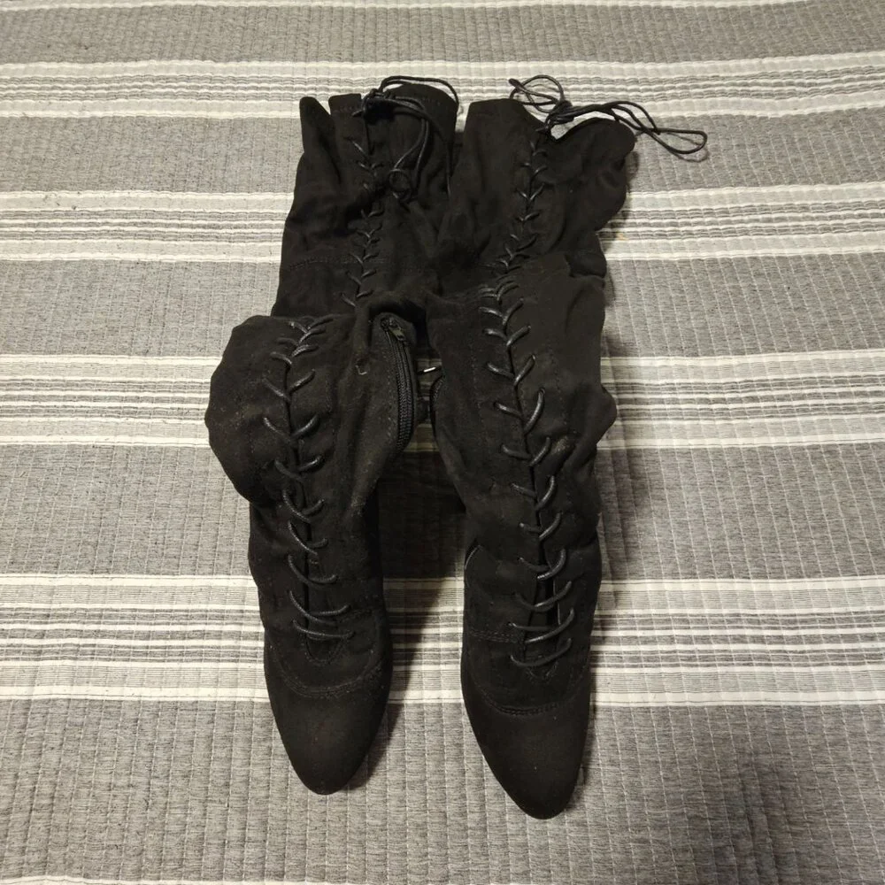 Faux Suede Lace-Up Bow Decor Thigh-High Boots Size 8
